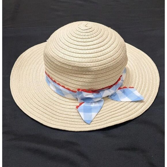 ‎Tahari Straw Beach Sun Hat Cap Blue Ribbon Bow New - Picture 1 of 7